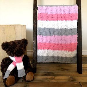 Hand Knit Baby Blanket & Bear w Matching Scarf